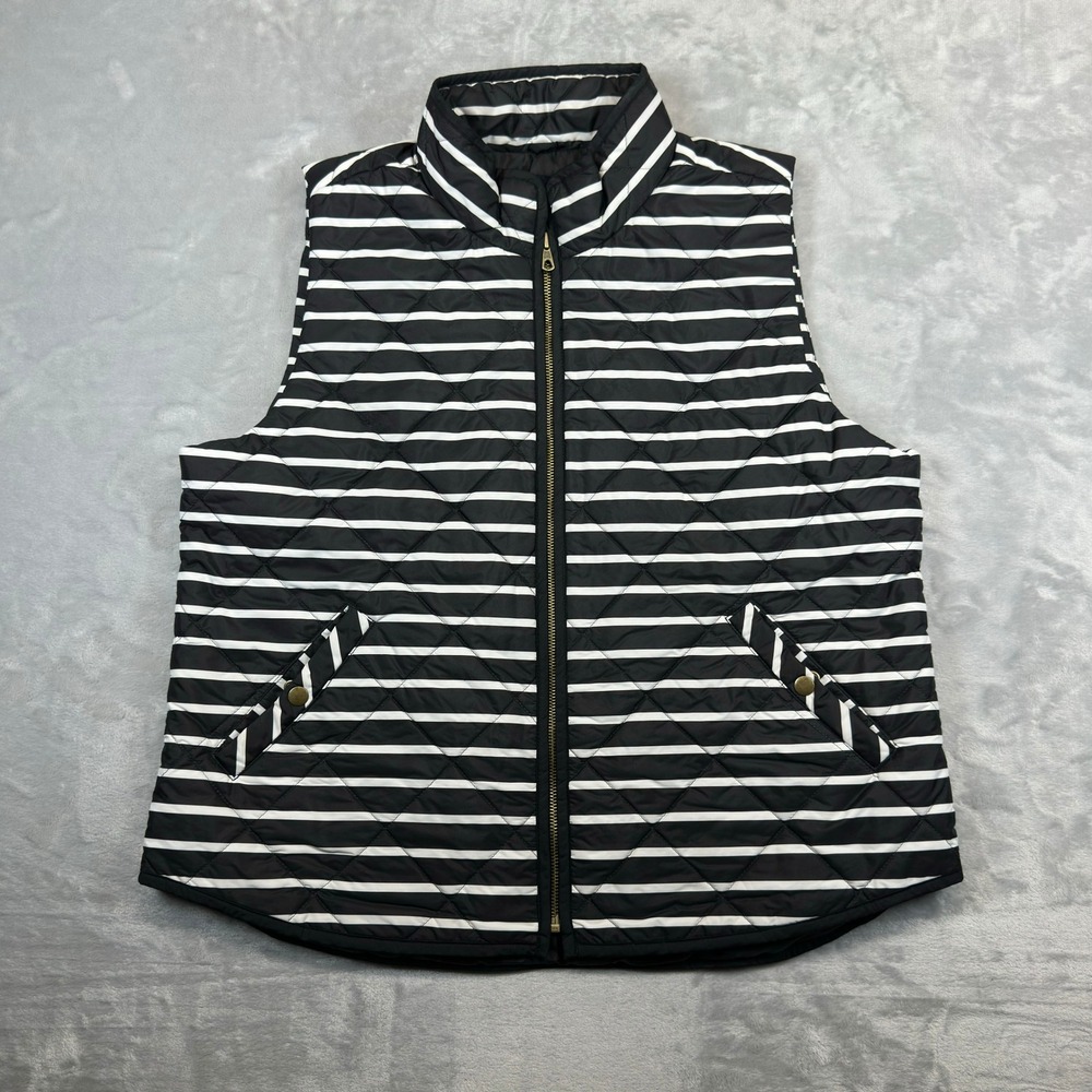 Gap Puffer Vest Women XL Black White Striped Quilted Zip Front Mock Neck RN54023